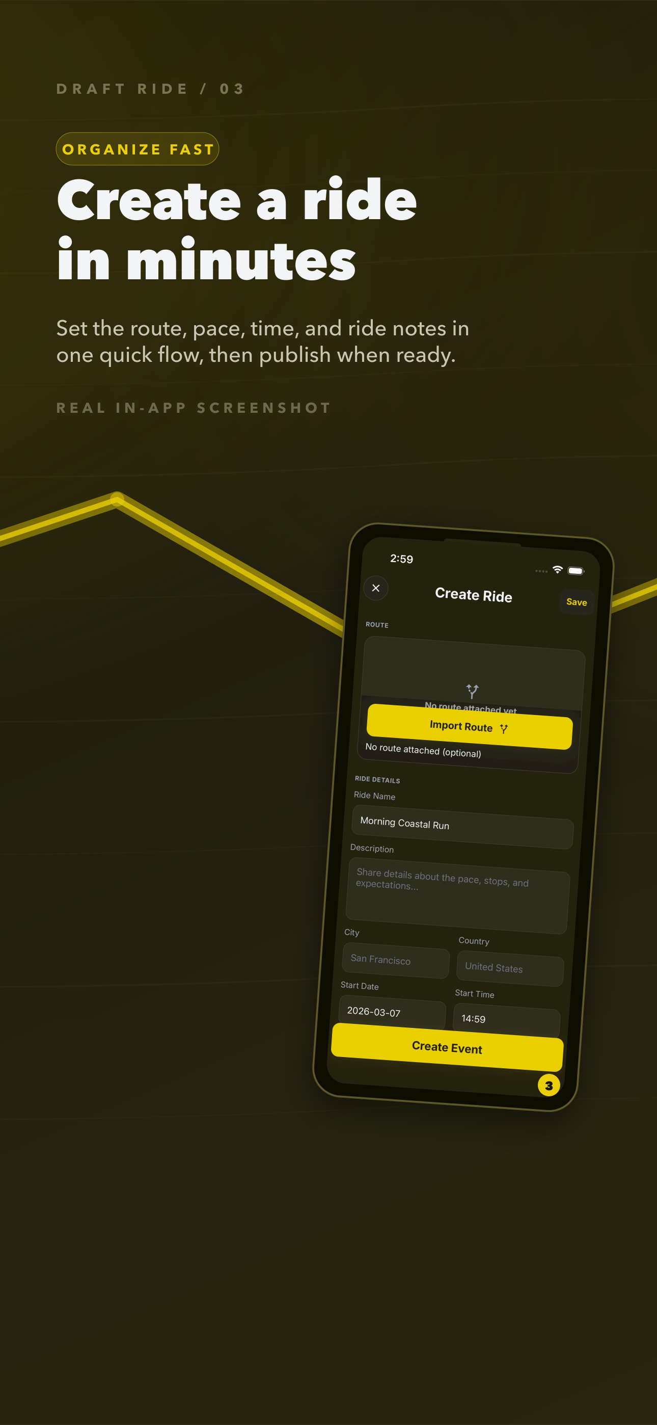 Draft Ride create ride screen with route, pace, and timing controls.