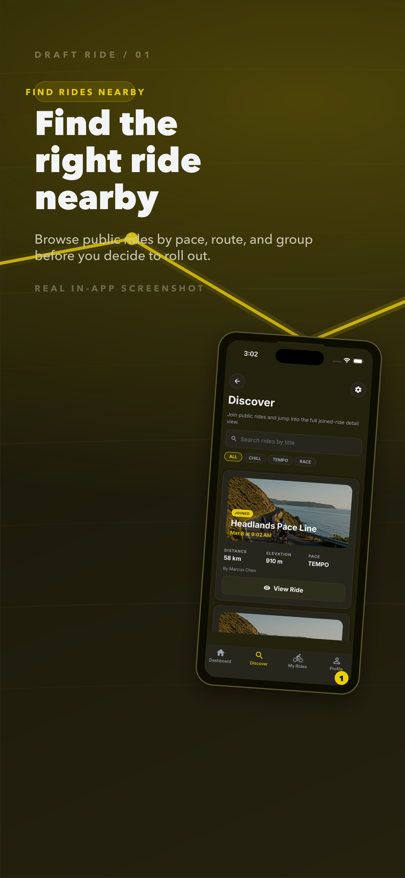 Draft Ride discovery feed showing public rides and ride filters.