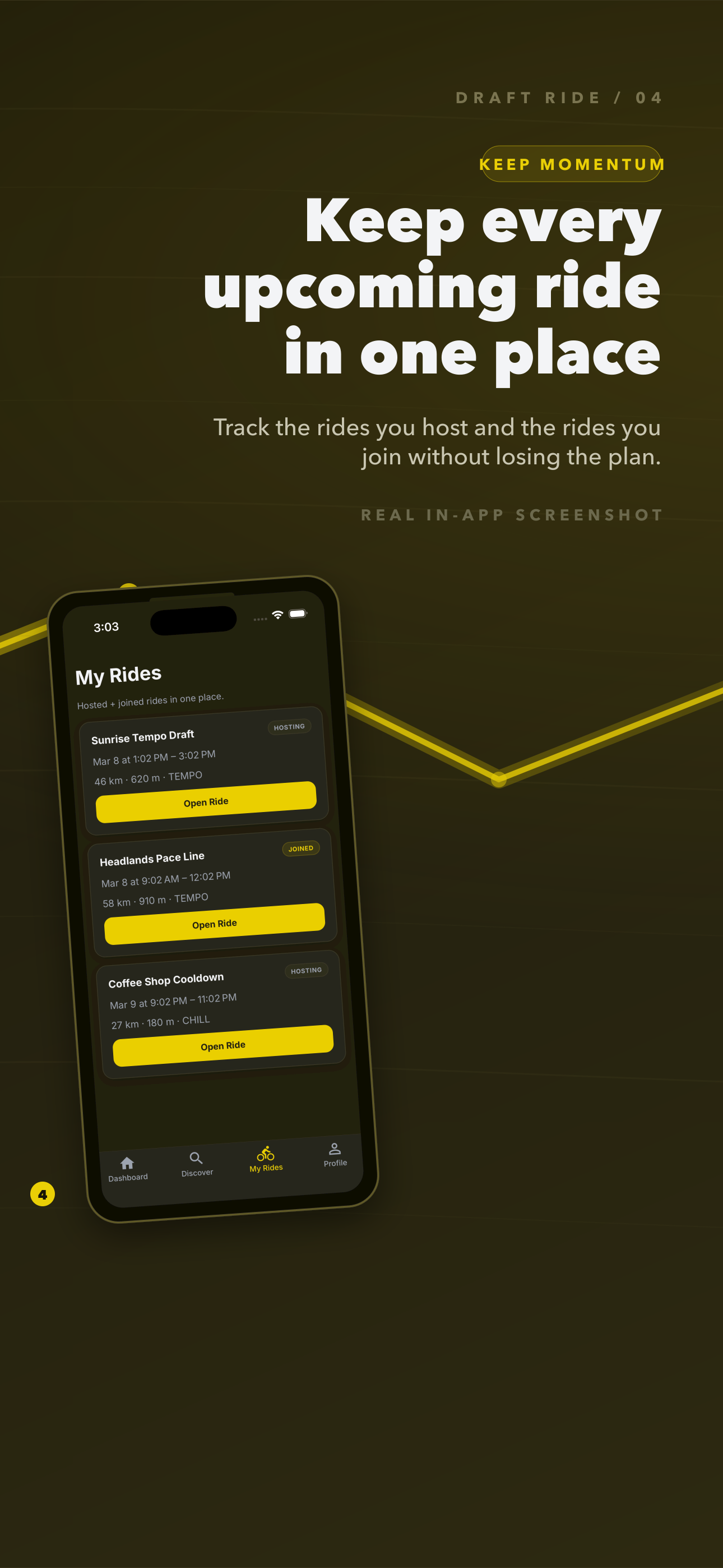 Draft Ride my rides screen showing upcoming hosted and joined rides.